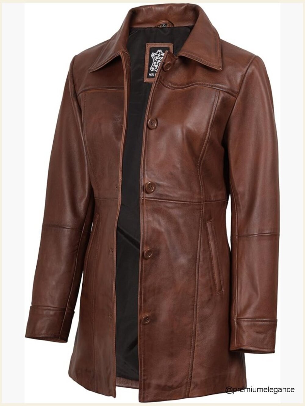 Real Lambskin Leather Car Coat Button Front Mid-Thigh Long